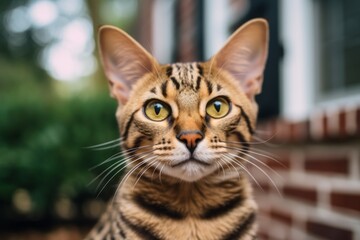 Naklejka na ściany i meble Headshot portrait photography of a smiling savannah cat begging for food against an appealing front porch. With generative AI technology