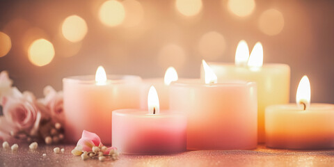 Obraz na płótnie Canvas Candles with flowers, pink pastel dream atmosphere, spa environment, soft focus background with copyspace - generative AI