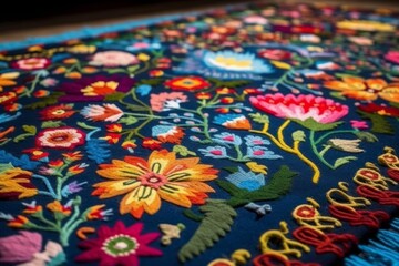 Fototapeta na wymiar Vibrant hand made quilts with stylized Hungarian motifs like flowers, birds or village scenes. Focus on the handcrafted textiles that bring Hungarian folk designs into homes. Generative AI