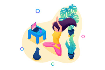 Isometric 3D. Girl Does Yoga At Home, Performing Asanas To Music. Concept For Web Design