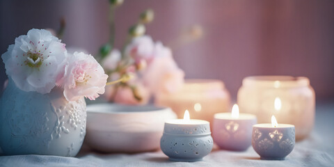 Fototapeta na wymiar Candles with flowers, pink pastel dream atmosphere, spa environment, soft focus background with copyspace - generative AI