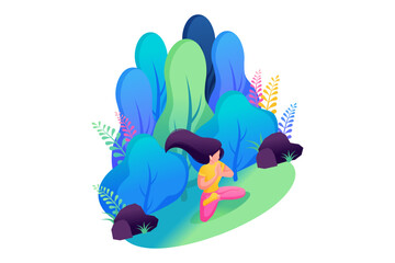 Isometric 3D. Girl Does Yoga In The Park, Meditation To Music. Concept For Web Design