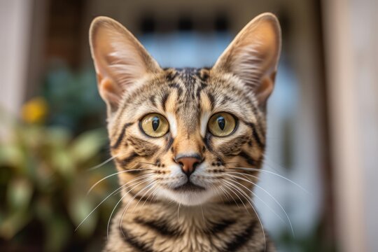 Headshot portrait photography of a smiling savannah cat begging for food against an appealing front porch. With generative AI technology