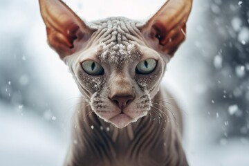 Headshot portrait photography of a smiling sphynx cat leaping against a snowy winter scene. With generative AI technology