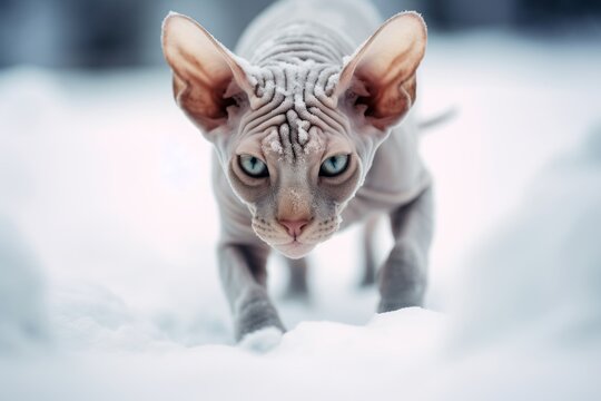 Full-length portrait photography of a curious sphynx cat pouncing against a snowy winter scene. With generative AI technology
