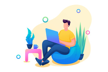 Isometric 3D. Man Works At Home, In a Cozy Atmosphere With a Laptop In His Hands. Concept For Web Design