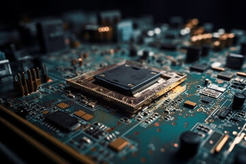 Fototapeta na wymiar Processor chip on circuit board, close up view.Generative AI