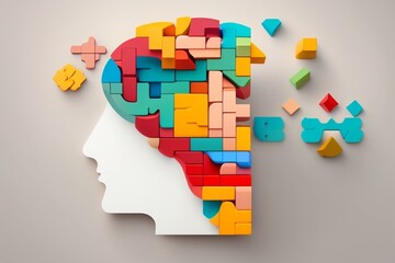 Brain shape made from wooden puzzle blocks. Logical thinking side of the brain. Generative ai