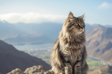 Obraz premium Full-length portrait photography of a happy siberian cat whisker twitching against a scenic mountain view. With generative AI technology