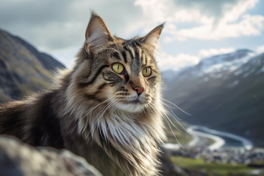 Close-up portrait photography of a happy norwegian forest cat exploring against a scenic mountain view. With generative AI technology
