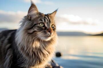 Medium shot portrait photography of a scared siberian cat back-arching against a tranquil lake. With generative AI technology