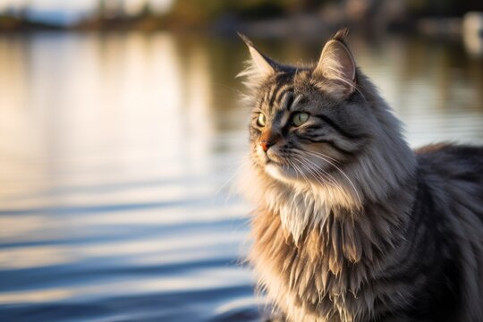 Medium shot portrait photography of a scared siberian cat back-arching against a tranquil lake. With generative AI technology