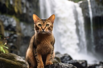 Group portrait photography of an angry abyssinian cat scratching against a majestic waterfall. With generative AI technology