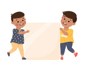 Two happy boys holding blank banner together. Joyful little children standing with empty white board, placard or paper sheet vector illustratio