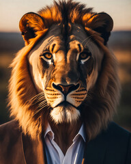 Man wearing lion head suit, business man by generative AI