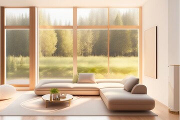 Fototapeta na wymiar Illustration of modern light apartment with big windows created with Generative AI technology.