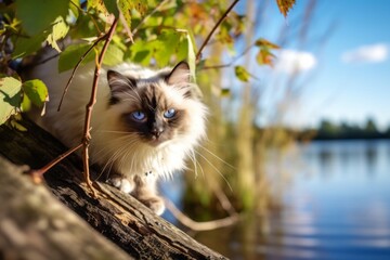 Naklejka na ściany i meble Environmental portrait photography of a curious ragdoll cat climbing against a peaceful riverside. With generative AI technology