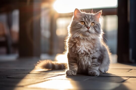 Group portrait photography of a happy selkirk rex cat whisker twitching against a sunlit patio. With generative AI technology