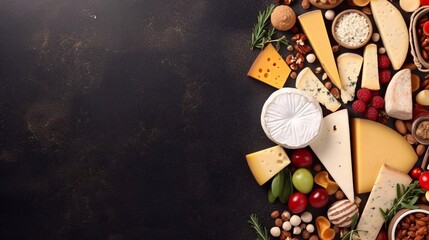  Various types of cheese, grapes, nuts on dark background, top view. Copy space. AI generated