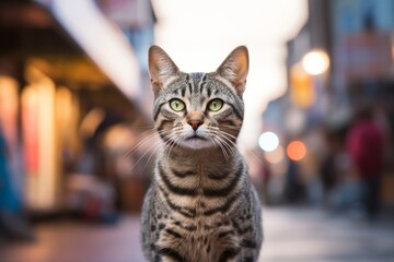 Naklejka na ściany i meble Environmental portrait photography of a curious egyptian mau cat begging for food against a lively street. With generative AI technology
