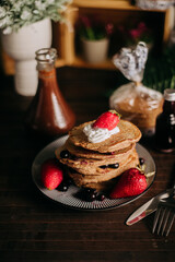 Pancakes, pancakes with strawberry and chocolate