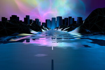 Futuristic 3D Rendered Electric Blue Ethereal Sunset Cityscape Road Background