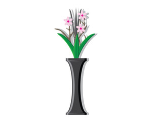 vector a vase of black flowers and there are three pink flowers inside the vase there are also three green leaves or grass and a brown wooden branch with three gray leaves on the vase