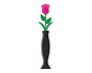vector design of a black flower vase with a thin bottle shape extending upwards with a flower stalk on top with two green leaves and a pink flower crown