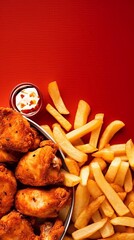 Chicken kfc and fried potatoes on orange background. Top view. Copy space plase. 