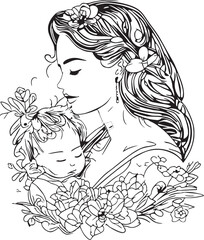 colouring page mother and daughter line art vector for mothers day