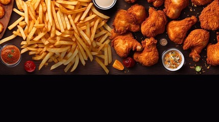 Chicken kfc and fried potatoes on dark background. Top view. Copy space plase. 