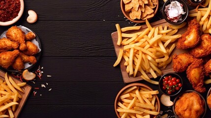 Chicken kfc and fried potatoes on dark wooden background. Top view. Copy space plase. 