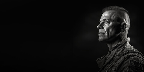 Black and white photorealistic studio portrait of a military veteran on black background. Generative AI illustration