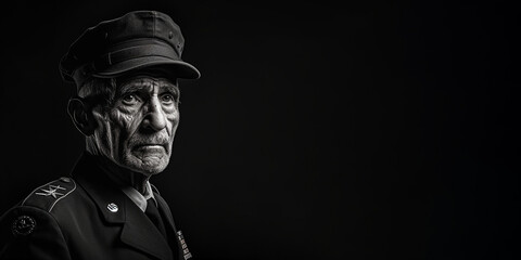 Black and white photorealistic studio portrait of a military veteran on black background. Generative AI illustration