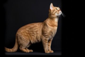 Full-length portrait photography of a happy havana brown cat back-arching against a sophisticated studio backdrop. With generative AI technology