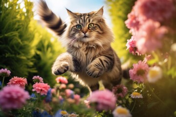 Obraz premium Conceptual portrait photography of a happy siberian cat jumping against a lush flowerbed. With generative AI technology