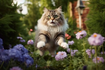 Naklejka na ściany i meble Conceptual portrait photography of a happy siberian cat jumping against a lush flowerbed. With generative AI technology