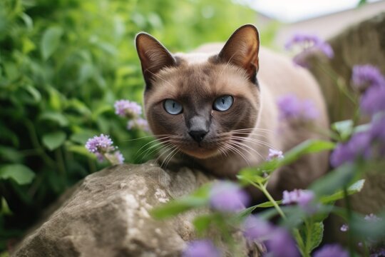 Close-up portrait photography of a smiling burmese cat wall climbing against a lush flowerbed. With generative AI technology