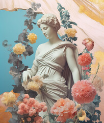 Collage with antique female sculpture and flowers. AI generated image. - 600882206