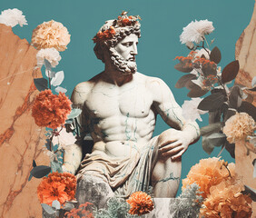 Collage with Ancient Greek male sculpture and flowers. AI generated image.
