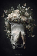 Rhinoceros or rhino portrait with colorful flowers and leaves. Creative animal portrait. Generative Ai