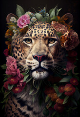 Tiger portrait with colorful flowers and leaves.  Big cat creative animal portrait. Generative Ai