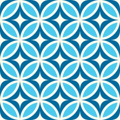 Mid century modern starbursts on blue and turquoise circle leaves seamless pattern. For home d&eacute;cor, retro backgrounds and wallpaper	