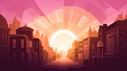 A cartoon illustration of a sun rising of a city - AI Generated