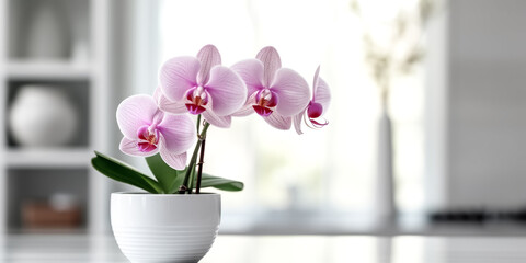 Fototapeta na wymiar A pink orchid in a white flowerpot was depicted in perfect clarity - generative ai