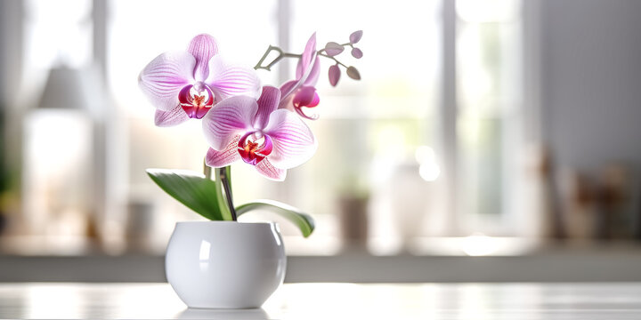 A white flowerpot containing a pink orchid was captured in perfect clarity - generative ai