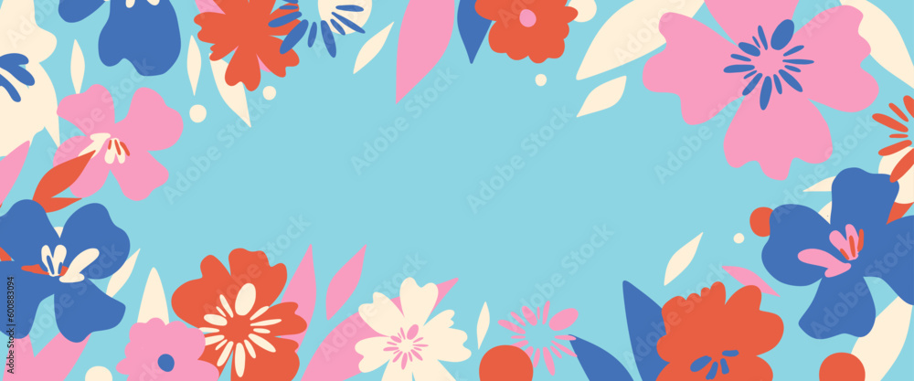 Poster Vector horizontal abstract background with copy space for text, abstract cover header with plants and leaves, bright vibrant banner, poster, graphic design template, hippie and groovy summer poster