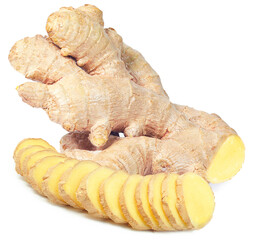 ginger root slices isolated on white background