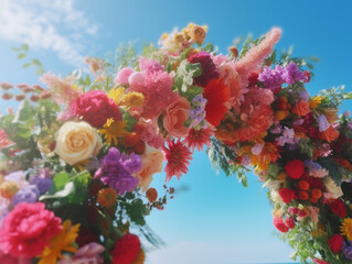 rainbow-colored wedding arch  decorated with flowers. LGBT concept. Generated by AI