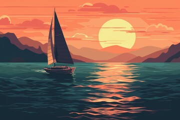 Obraz na płótnie Canvas Sailboat out on the ocean, vector, retro aesthetic, illustration